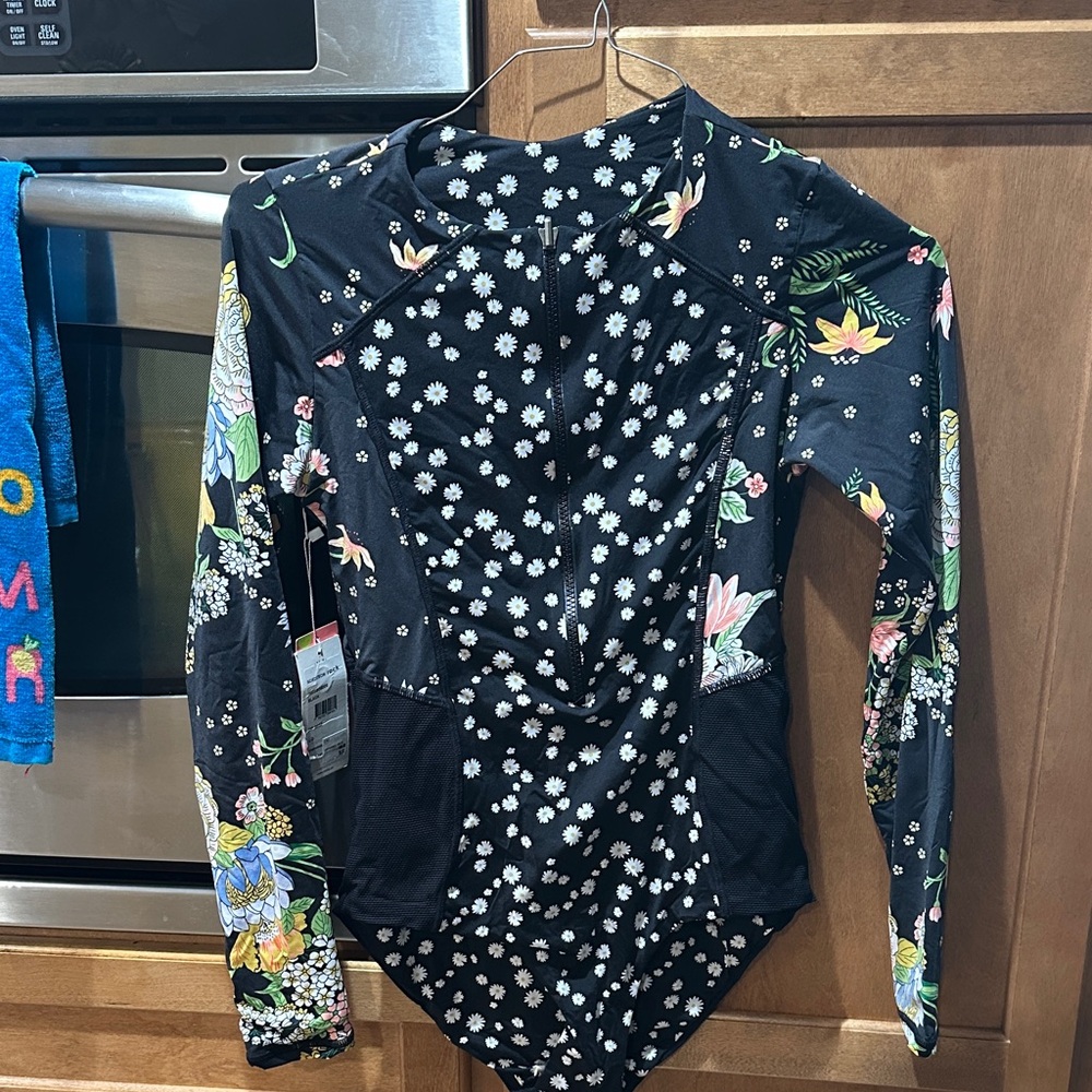 Maaji reversible long sleeve black floral ladies swimsuit L new msrp $156